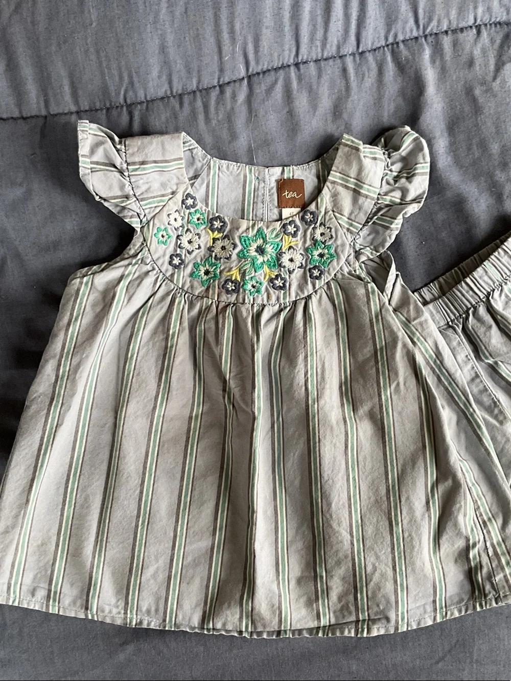 Tea Collection Green-Striped Embroidered Dress with Matching Bloomers